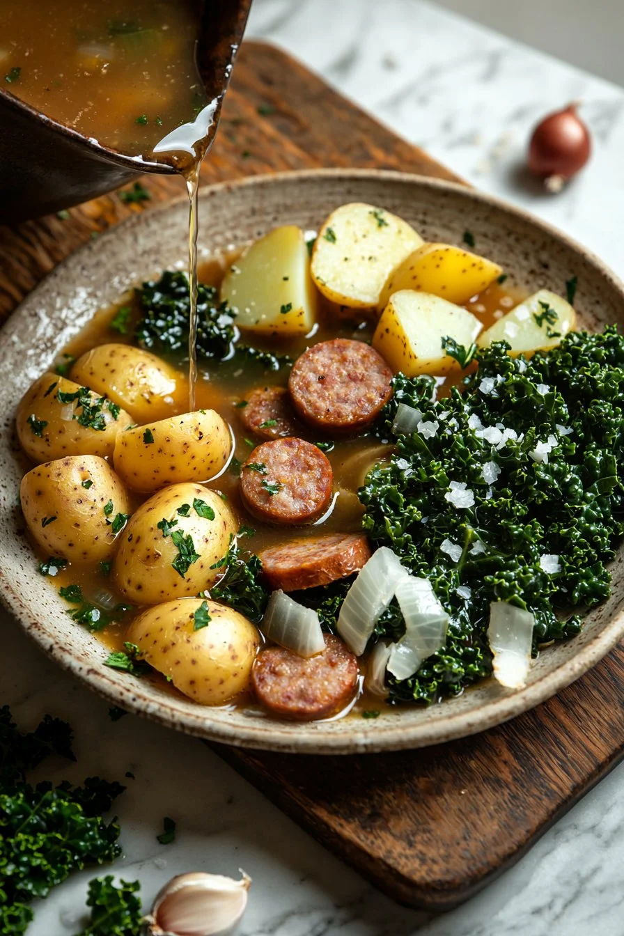 Wurst-Kartoffel-Suppe mit frischem Grünkohl und Wurstscheiben
