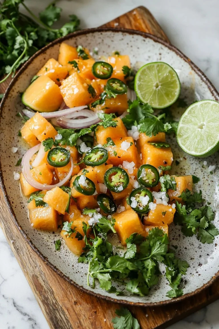 Würzige Cantaloupe-Salsa in einer Schüssel, serviert mit Tortilla-Chips.