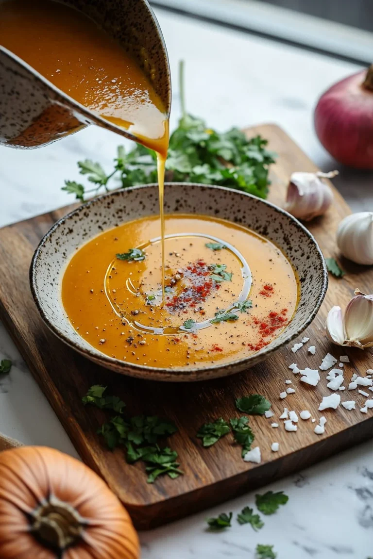 Würzige Kürbissuppe in einer Schüssel mit frischen Kräutern garniert