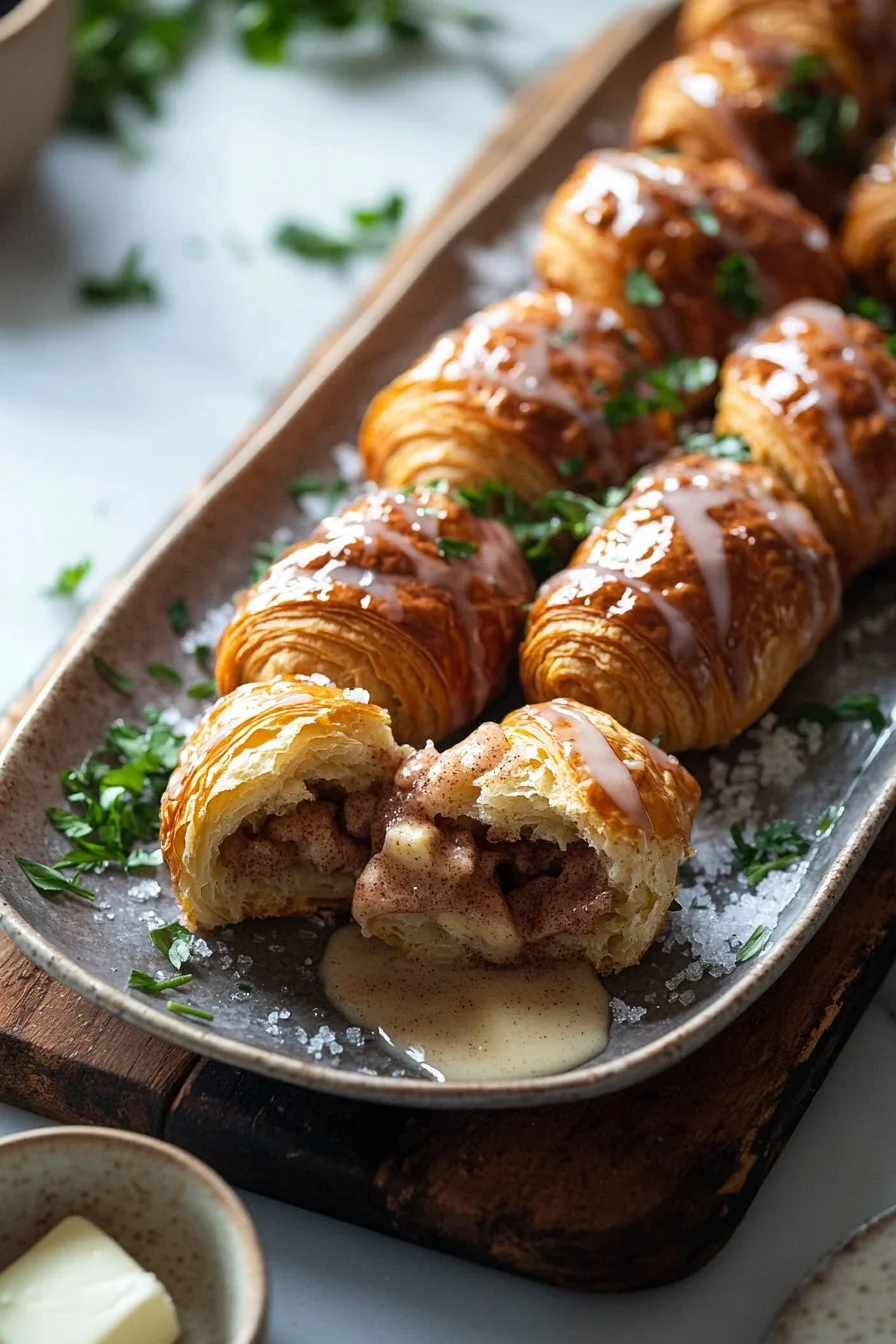 Frisch gebackene Zimt-Croissant-Rollen auf einem Teller