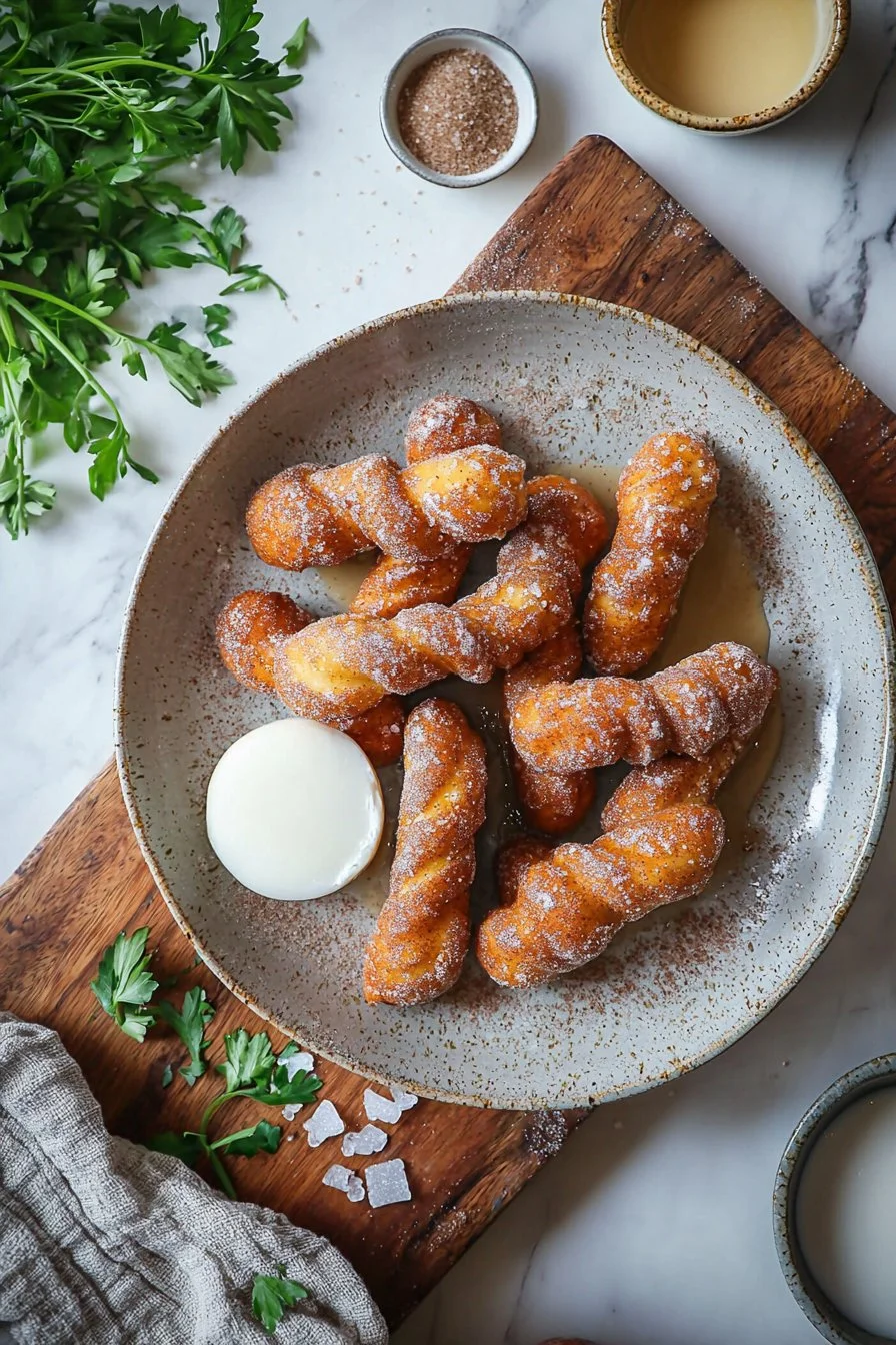 Zimt-Donut-Drehungen mit Zimt und Zucker bestreut, frisch gebacken auf einem Tablett.