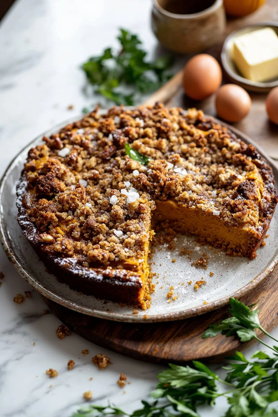 Zimtstreusel-Kürbis-Kaffeekuchen, frisch gebacken und serviert mit einer Tasse Kaffee.