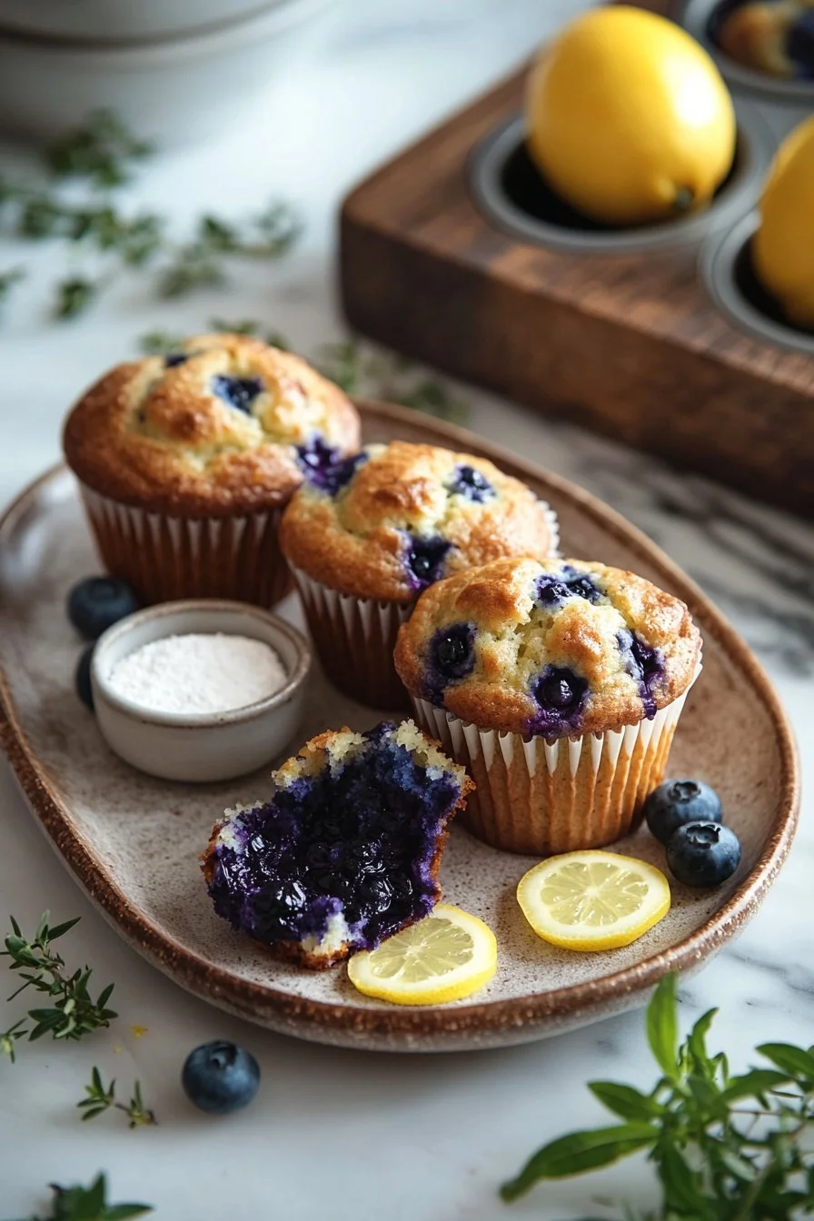 Frische Zitronen-Blaubeer-Muffins auf einem Holztablett