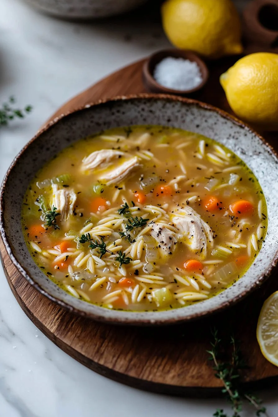 Zitronen-Hühnchen-Orzo-Suppe in einer Schüssel garniert mit frischen Kräutern