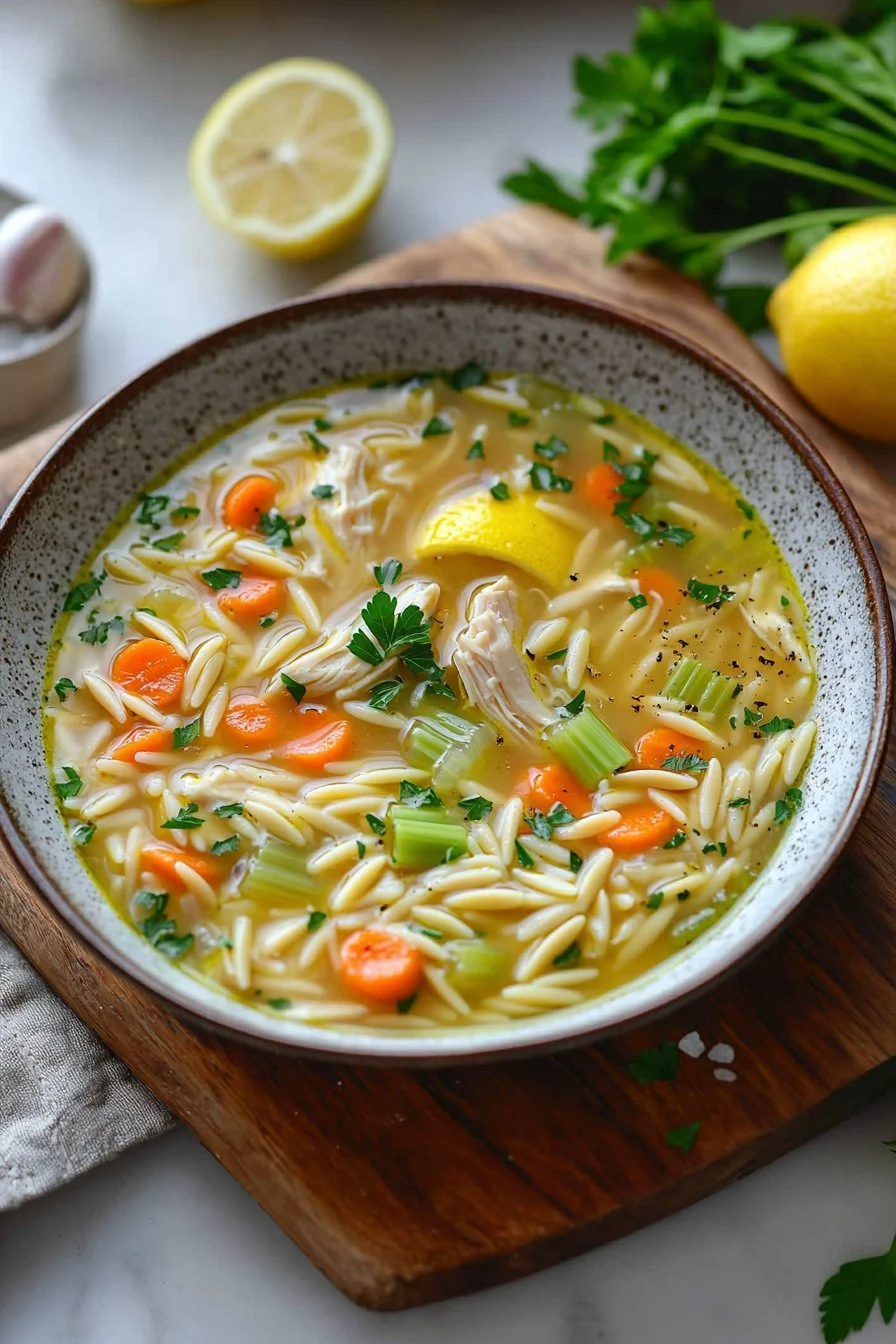 Schüssel mit Zitronen-Hühnchen-Orzo-Suppe, frisch serviert
