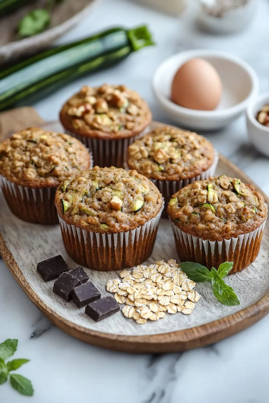 Leckere Zucchini Muffins mit Haferflocken auf einem rustikalen Holzbrett