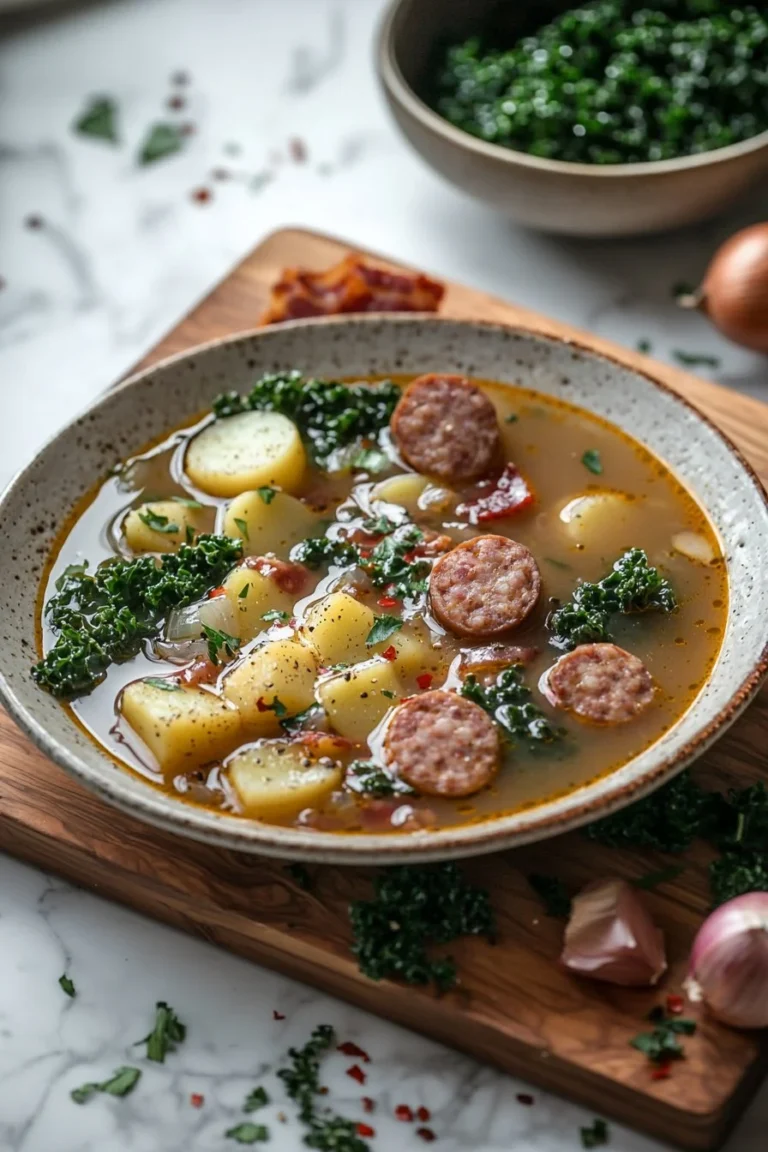 Schüssel mit Zuppa Toscana Suppe, reich an Aromen und frischen Zutaten.