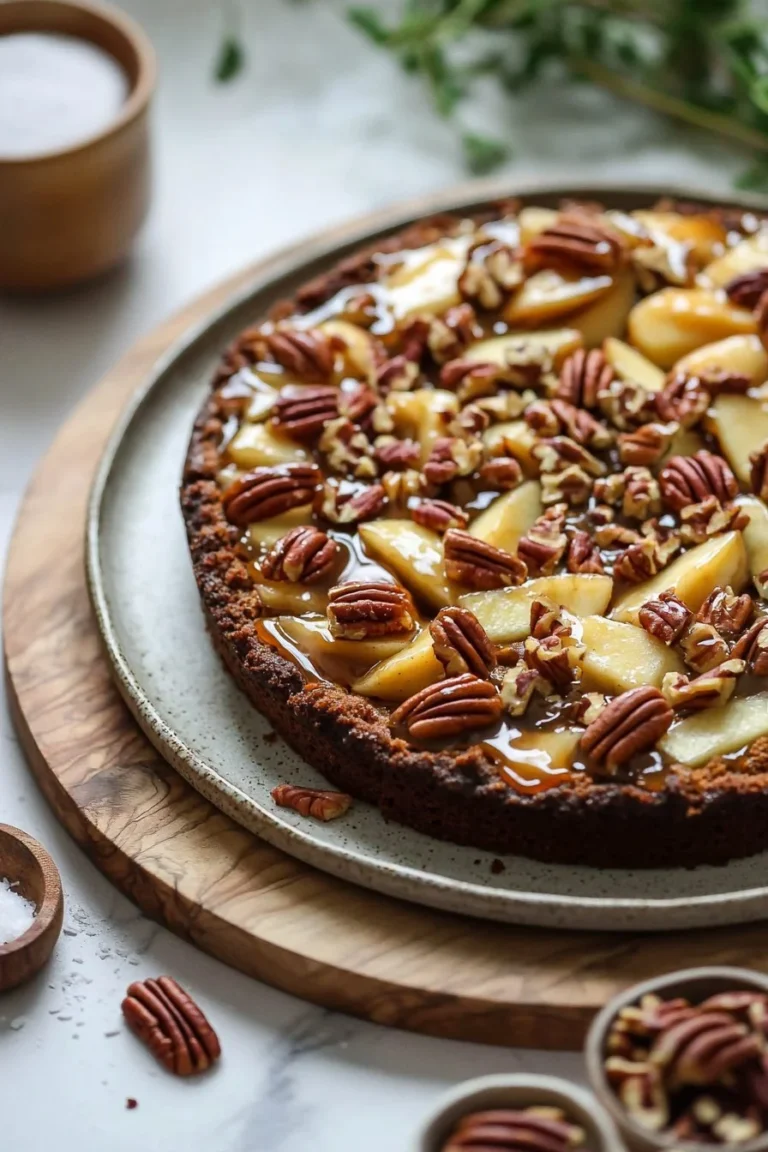 Apfel-Pekannuss-Kuchen mit Karamellglasur auf einem schönen Teller serviert.