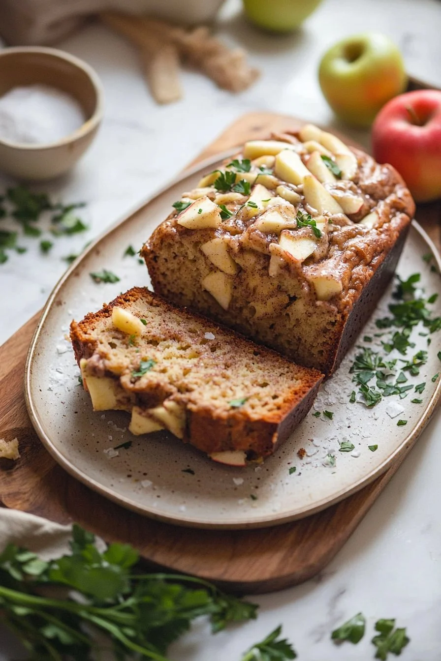 Scheibe von frisch gebackenem Apfel-Zimt-Brot mit Äpfeln und Zimt