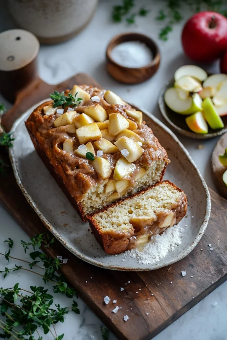 Frisches Apfel-Zimt-Brot auf einem Holzbrett, perfekt für den Herbst.