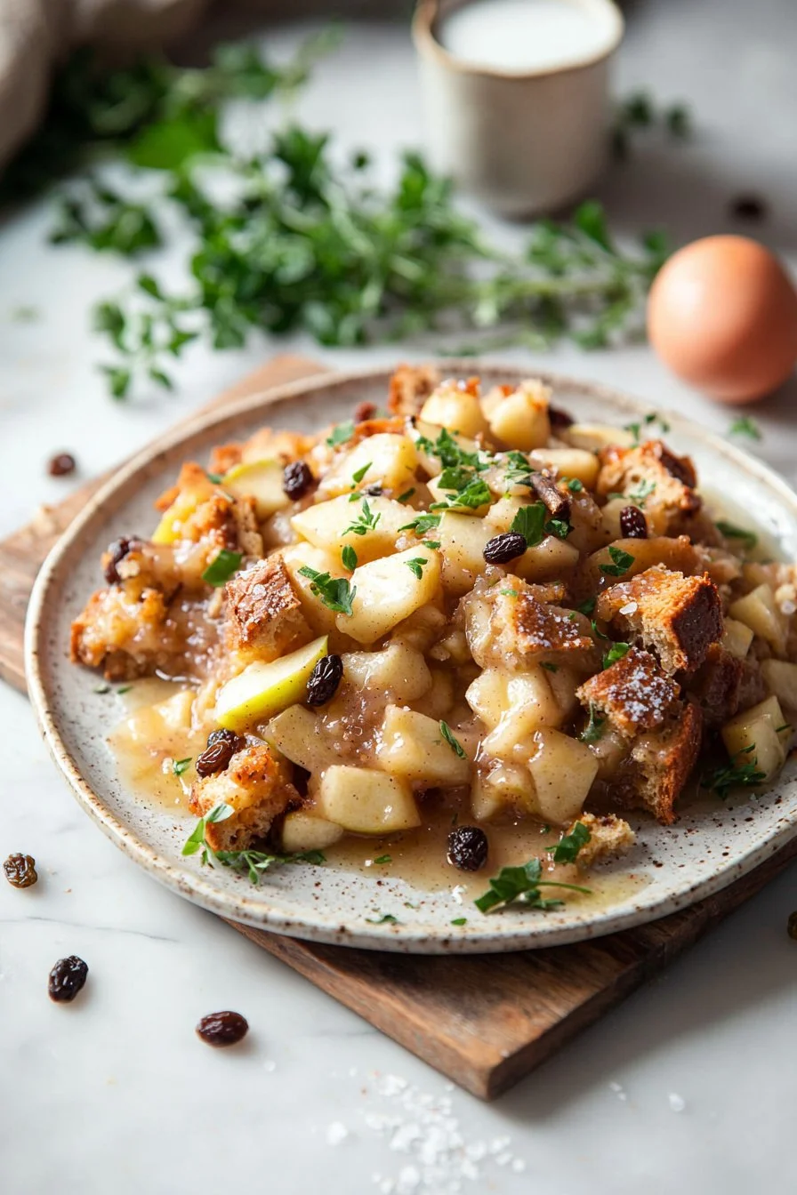 Apfelkuchen Brot Pudding aus saftigen Äpfeln und frisch gebackenem Brot