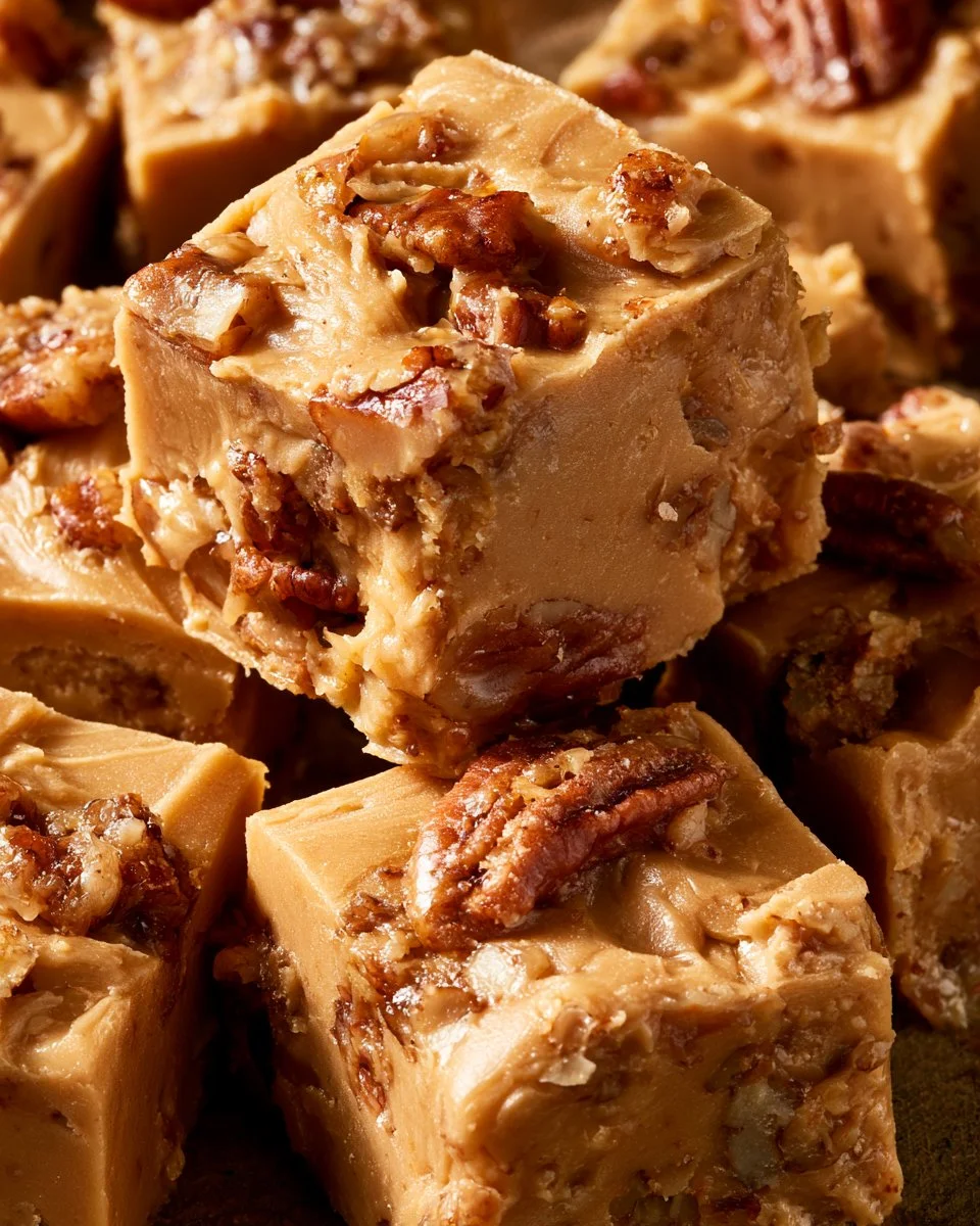 Leckeres Butter-Pecan-Fudge, das auf einem Teller serviert wird.