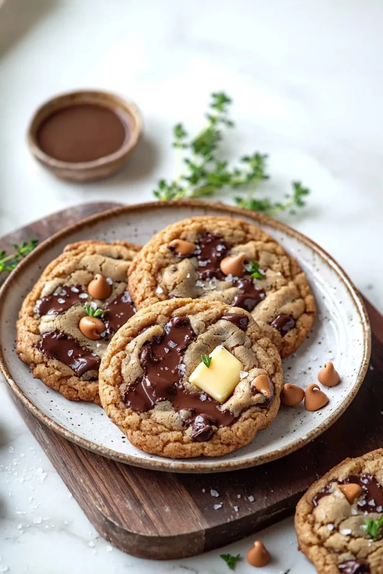 Frisch gebackene Butterscotch-Schokoladenkekse auf einem Holztablett