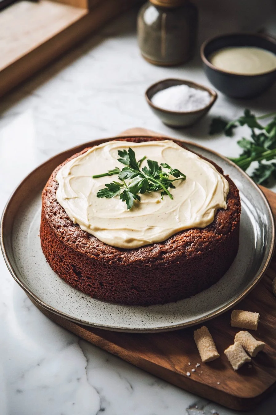 Leckerer Chai-Gewürzkuchen mit zartem Frischkäse-Frosting serviert auf einer Torteplatte