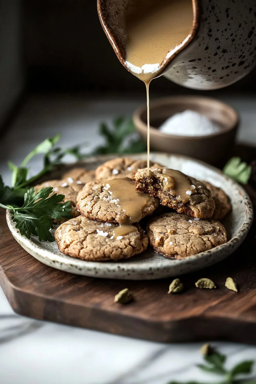 Leckere Chai-Kekse mit Gewürzen auf einem rustikalen Holzbrett