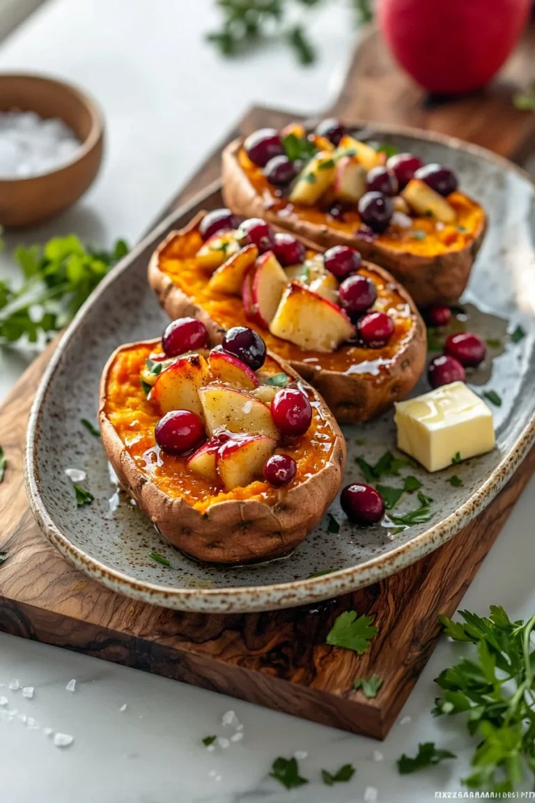 Cranberry-Apfel zweimal gebackene Süßkartoffeln auf einem Teller serviert