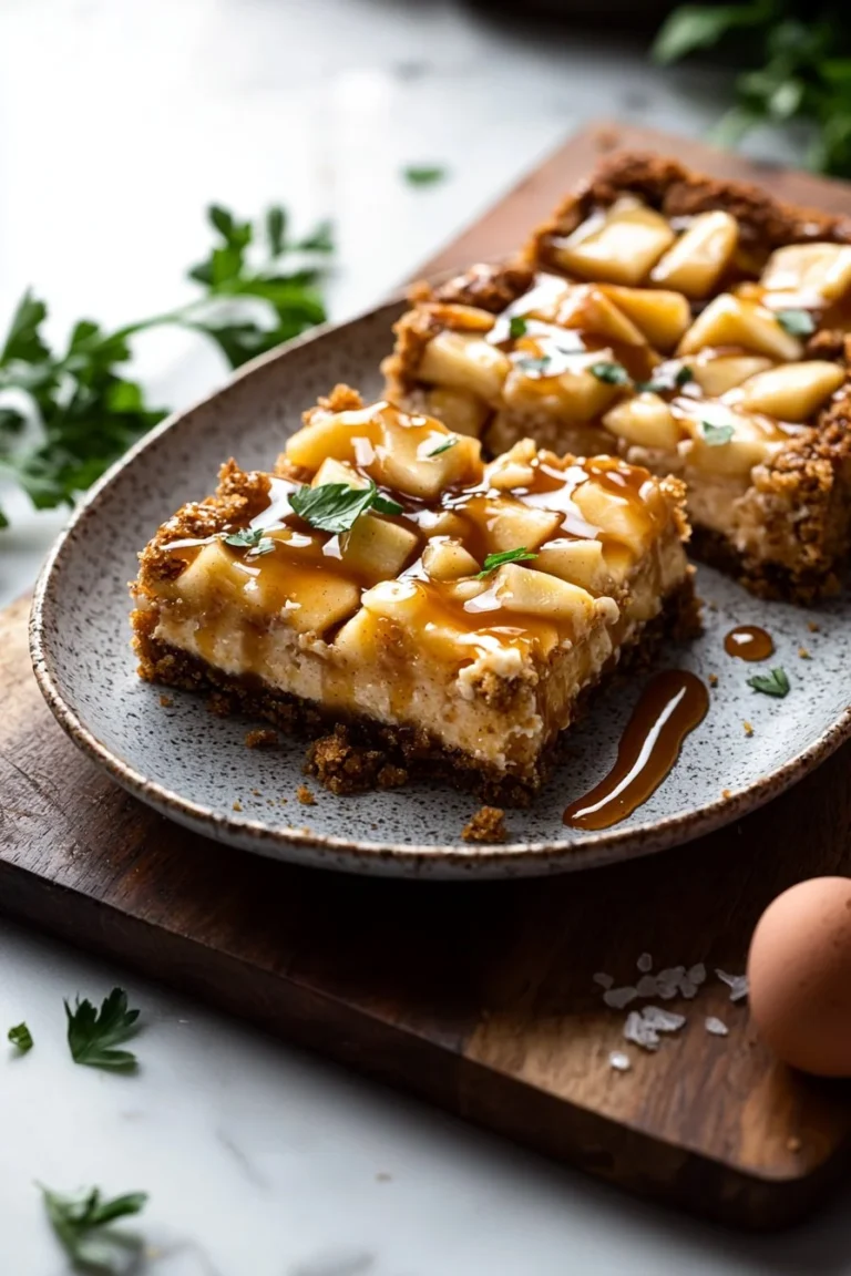 Karamell-Apfel-Käsekuchen-Riegel auf einem Teller, perfekt für Dessertliebhaber