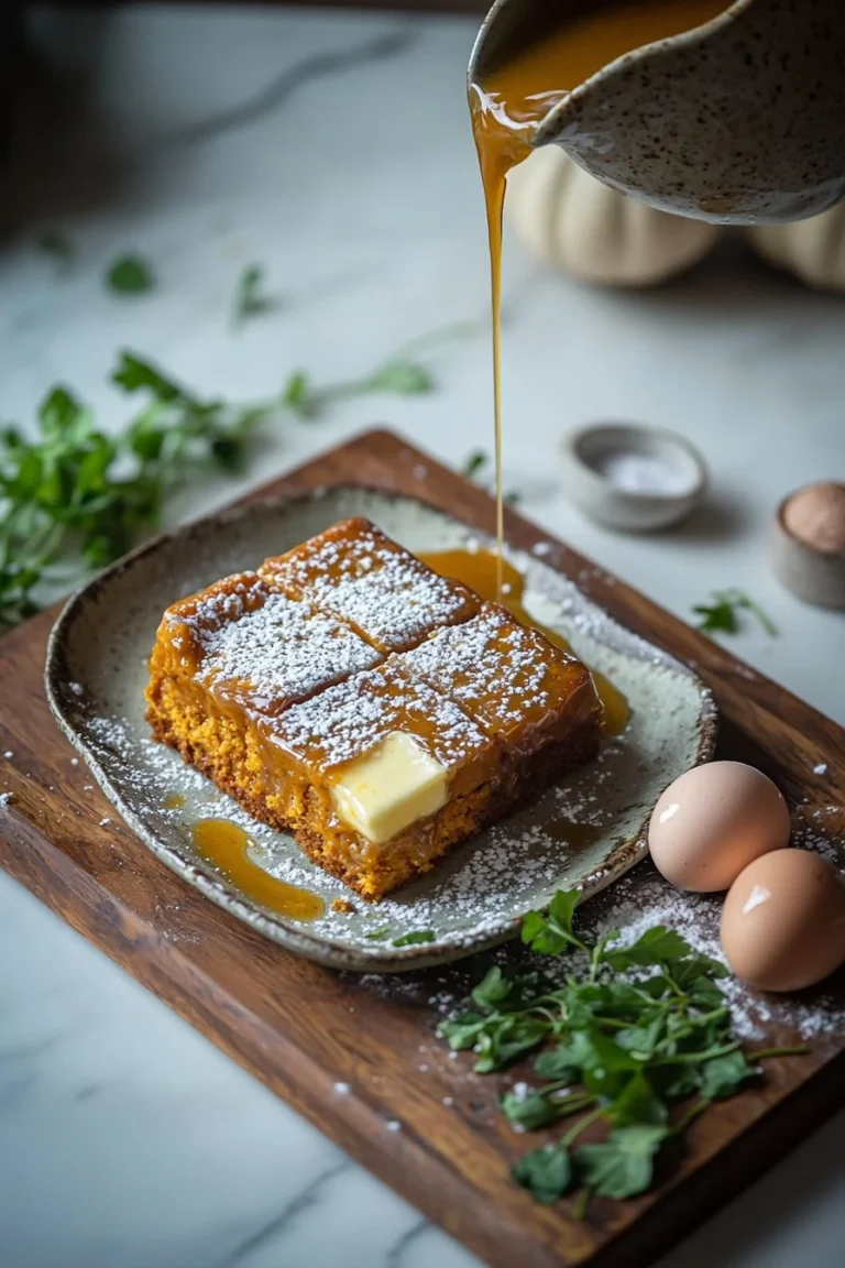 Kürbis Gooey Butterkuchen mit verlockender Kürbisfüllung und butterartiger Textur.