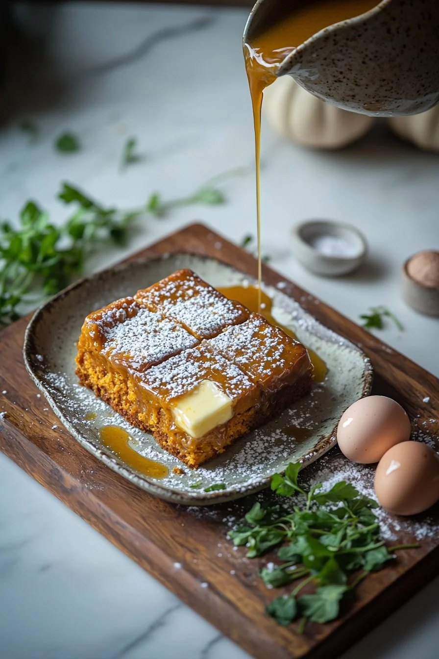 Kürbis Gooey Butterkuchen mit verlockender Kürbisfüllung und butterartiger Textur.