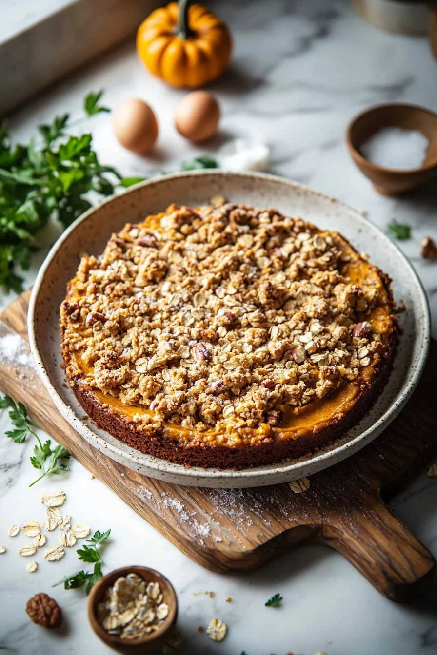 Kürbis Streusel Kaffee Kuchen auf einem Teller serviert