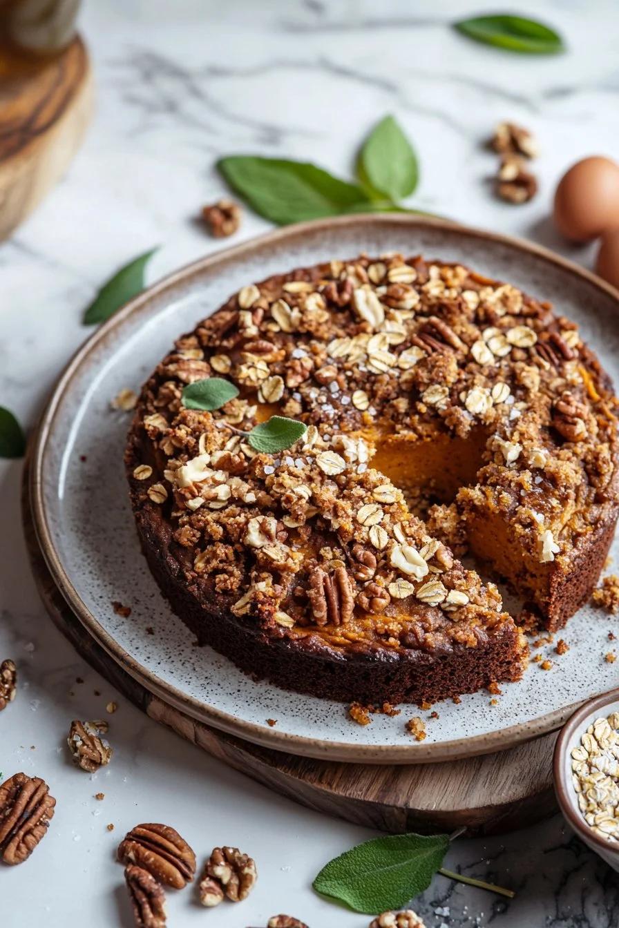 Kürbisstreusel-Kaffeekuchen auf einem Teller, garniert mit Sahne
