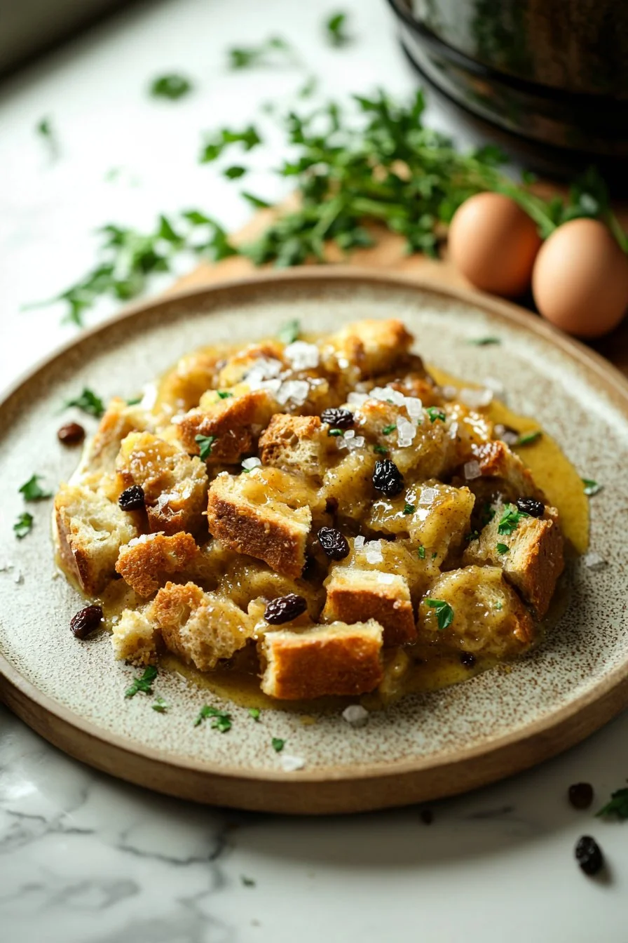 Leckerer langsamer Kocher Brot Pudding in einer weißen Schüssel