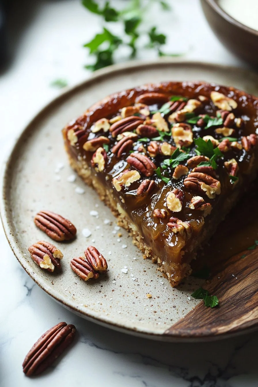 Pecan-Kuchen mit der Oberseite nach unten, lecker und verführerisch präsentiert.