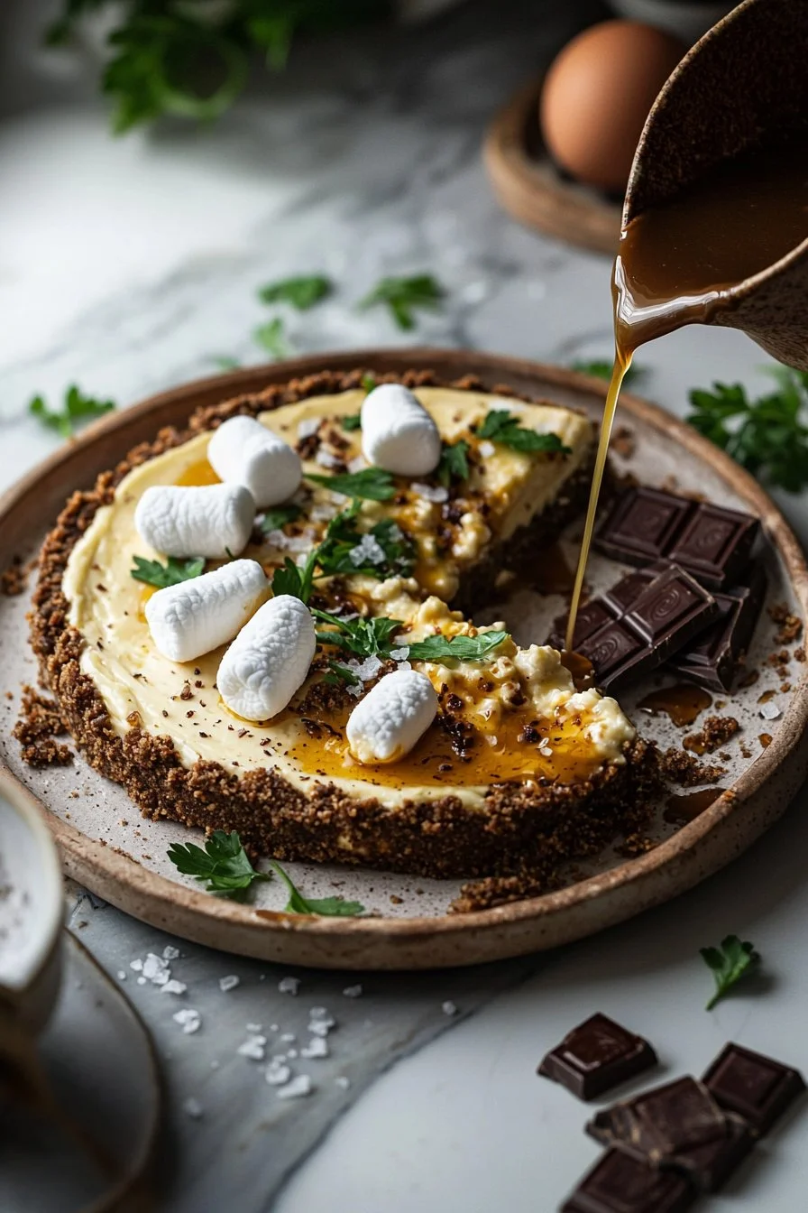 Leckerer S'mores Käsekuchen mit Schokolade, Keksboden und Marshmallows.
