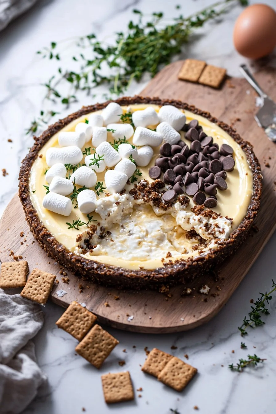 S'mores-Käsekuchen mit Schokoladensoße und Keksstücken auf einem Teller