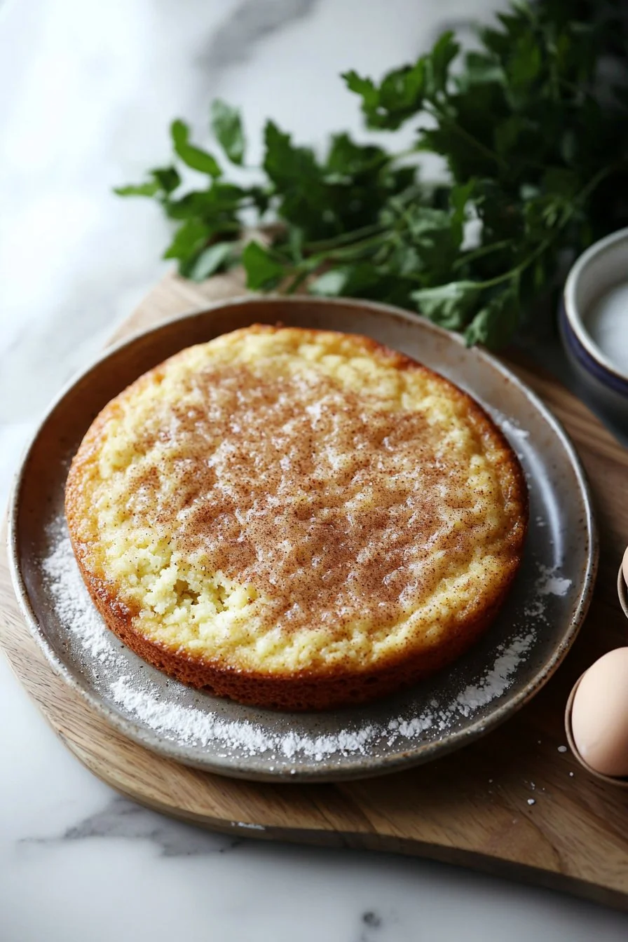 Ein Stück Snickerdoodle-Kuchen auf einem Teller, bestreut mit Zimt und Zucker.